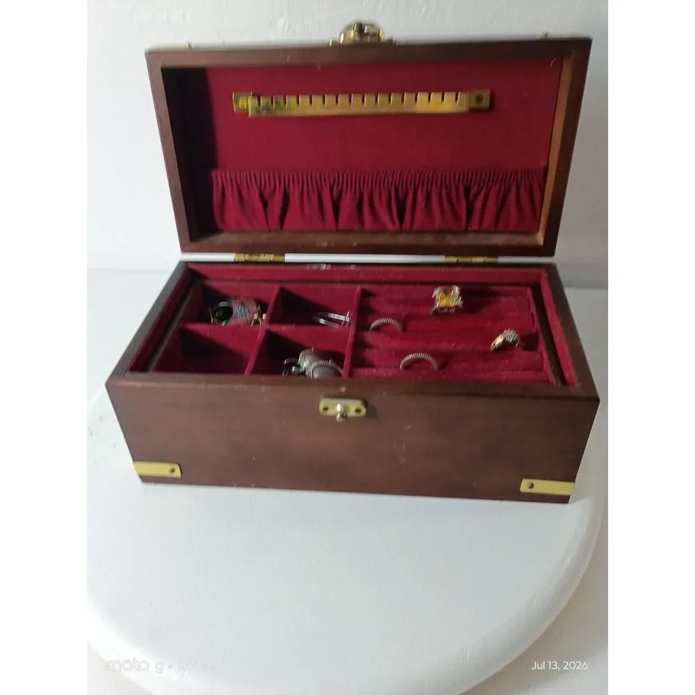 Vintage Wood Jewelry Chest Removable Tray Red Velvet Lining Brass Hardware